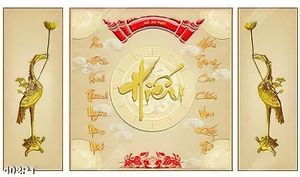 Tranh thờ thư pháp và chim hạc vàng treo tường