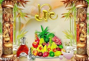 Tranh thờ chữ LỘC và mâm ngũ quả