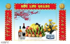 Tranh bàn thờ  thư pháp hoa cúc bên mâm ngũ quả
