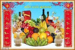 Tranh thờ gắn tường mâm ngũ quả và cành đào đỏ file gốc