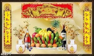 Tranh thờ thư pháp bình hoa và mâm ngũ quả in kính