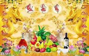 Tranh thờ song long bên mâm ngũ quả in kính file gốc