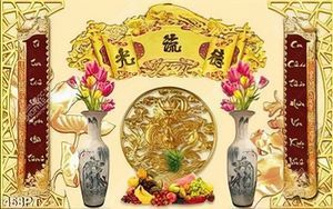 Tranh bàn thờ thư pháp bình hoa gốm và mâm ngũ quả