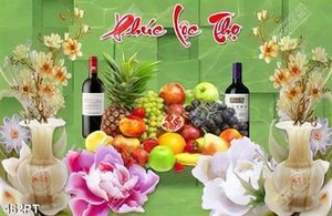 Tranh bàn thờ hoa giả ngọc và mâm ngũ quả