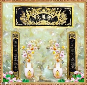 Tranh thờ nền giả ngọc và hoa sen thư pháp gắn tường