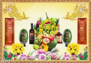 Tranh bàn thờ mâm ngũ quả và hoa cúc