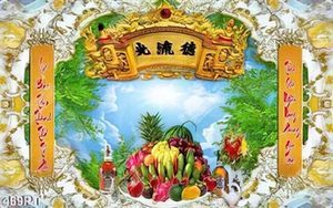 Tranh bàn thờ mâm ngũ quả và thư pháp chất lượng cao