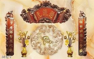 Tranh thờ treo tường bình hoa vàng và thư pháp