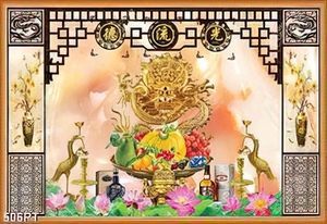 Tranh thờ hoa sen và chim hạc vàng file gốc