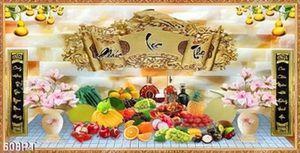 Tranh bàn thờ mâm hoa quả nền đá giả ngọc in kính