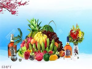 Tranh thờ mâm ngũ quả và cành đào đỏ in kính