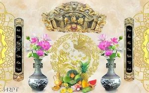Tranh thờ bình hoa sen và mâm ngũ quả gắn tường