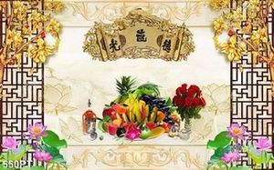Tranh phòng thờ hoa sen và mâm ngũ quả in kính