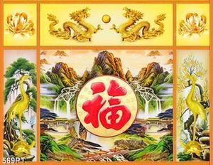 Tranh thờ treo tường chim hạc vàng và phong cảnh đẹp in kính