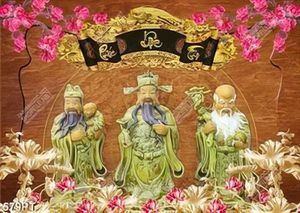 Tranh thờ gắn tường Phúc Lộc Thọ và hoa sen điêu  khắc gỗ