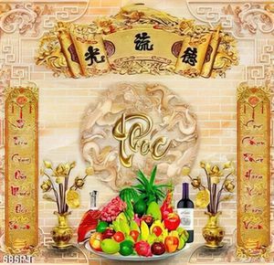 Tranh thờ mâm ngũ quả và chữ PHÚC trên nền gạch đẹp in kính