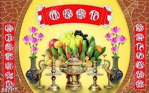 Tranh thờ treo tường mâm ngũ quả và hoa sen in kính