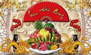 Tranh thờ 3d song long bên mâm ngũ quả chất lượng cao