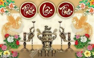 Tranh bàn thờ hoa mẫu đơn và chim hạc in uv