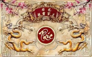Tranh thờ song long và cành đào giả ngọc đẹp nhất