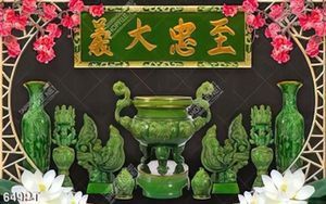 Tranh thờ bình hoa gốm xanh ngọc trang trí bàn thờ tổ