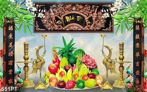Tranh mân ngũ quả và chim hạc vàng treo phòng thờ