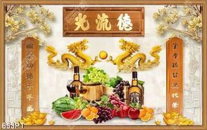 Tranh song long và hoa quả trang trí bàn thờ tổ