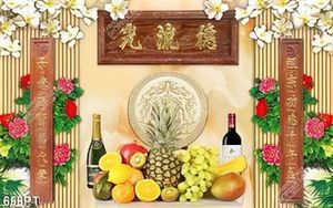Tranh thờ 3D ngũ quả và hoa dán tường phòng thờ