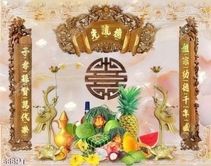 Tranh thờ chim hạc vàng bên mâm trái cây trang trí bàn thờ tổ