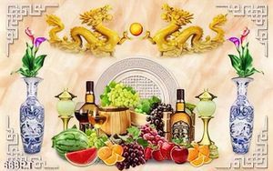 Tranh thờ song long và mâm hoa quả trang trí bàn thờ gia tiên