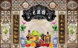 Tranh thư pháp hoa sen và mâm trái cây trang trí bàn thờ