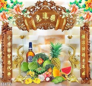 Tranh phòng thờ hoa quả và chim hạc
