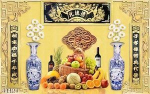 Tranh hoa quả và thư pháp treo phòng thờ