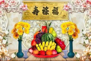 Tranh 3d  hoa cúc và mâm trái cây trang trí bàn thờ