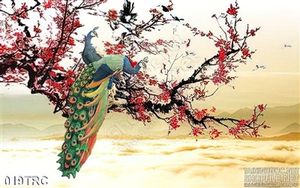 Tranh chim công và hoa đào treo tường