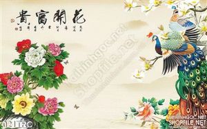 Tranh chim phượng và hoa mẫu đơn thư pháp