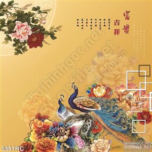 Tranh thư pháp kim tiền chim công