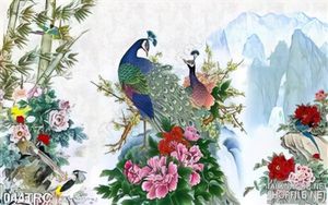 Tranh chim công và hoa mẫu đơn trang trí