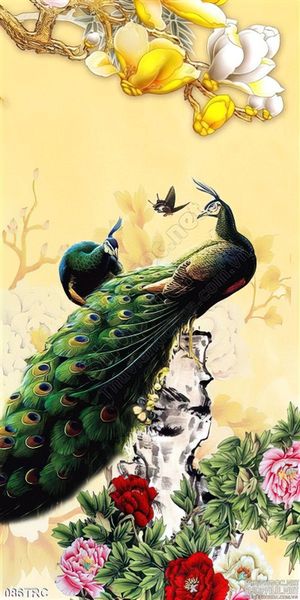 Tranh chim công và hoa đào kim tiền