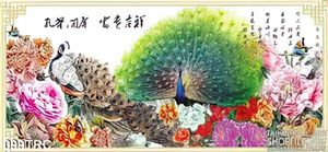 Tranh chim công thư pháp treo tường phòng khách