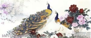Tranh chim công và hoa mẫu đơn thư pháp