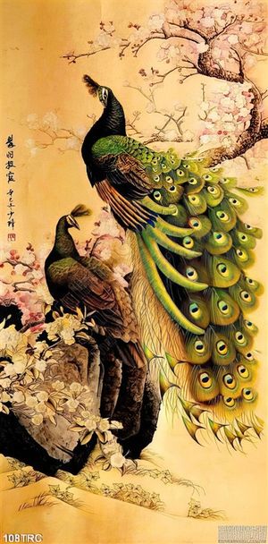 Tranh chim công và hoa đào trang trí tường