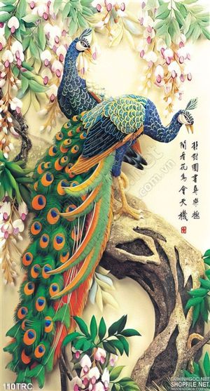 Tranh điêu khắc chim công thư pháp