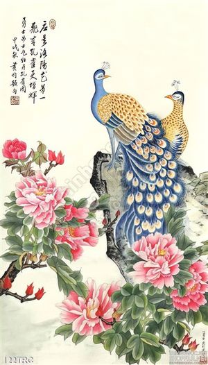 Tranh chim công thư pháp treo tường