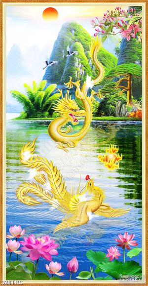 Tranh in uv rồng vàng bay trên đỉnh núi dán tường