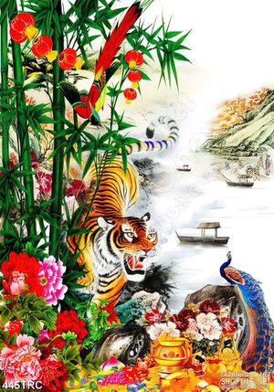 Tranh trang trí hổ gầm bên rừng mẫu đơn in kính