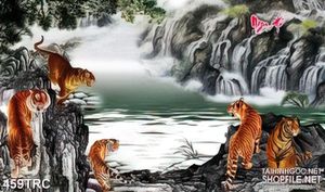 Tranh ngũ hổ bên thác nước hung dữ in canvas