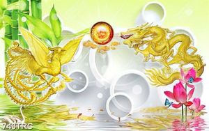 Tranh Rồng và Phượng Hoàng vàng nền 3D đẹp