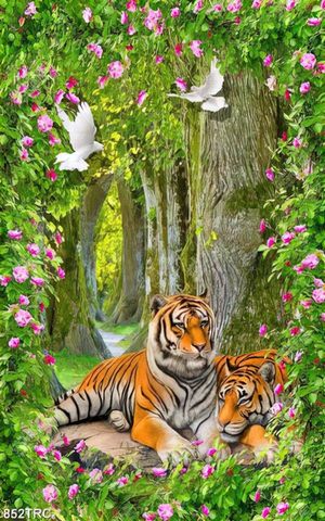 Tranh phong cảnh và đôi Hổ trong rừng