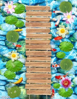 Tranh hoa sen và cá chép bên cây cầu gỗ treo tường